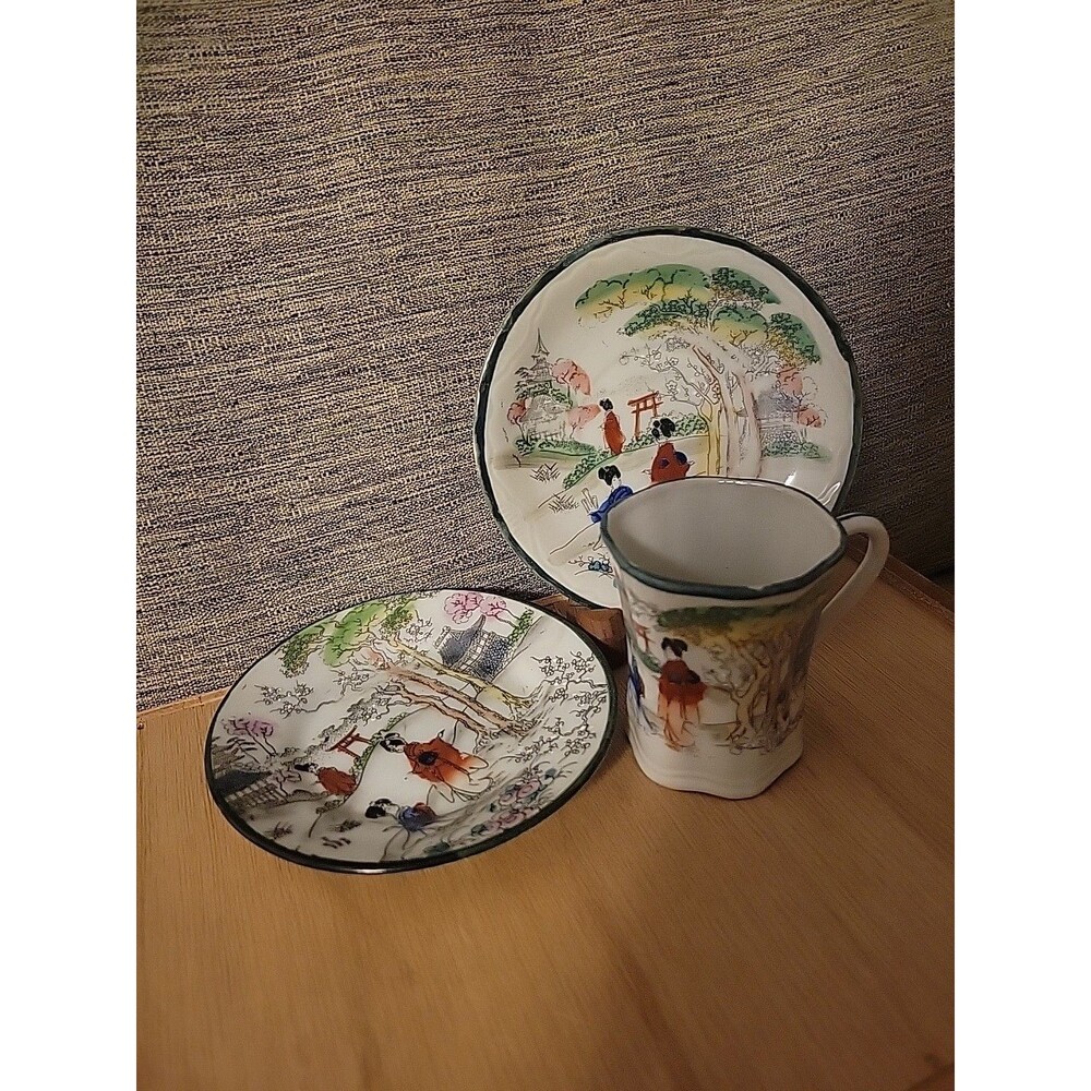 Antique Japanese Teacup Set - Cup, Saucer, Side Plate. All Hand Painter Marked